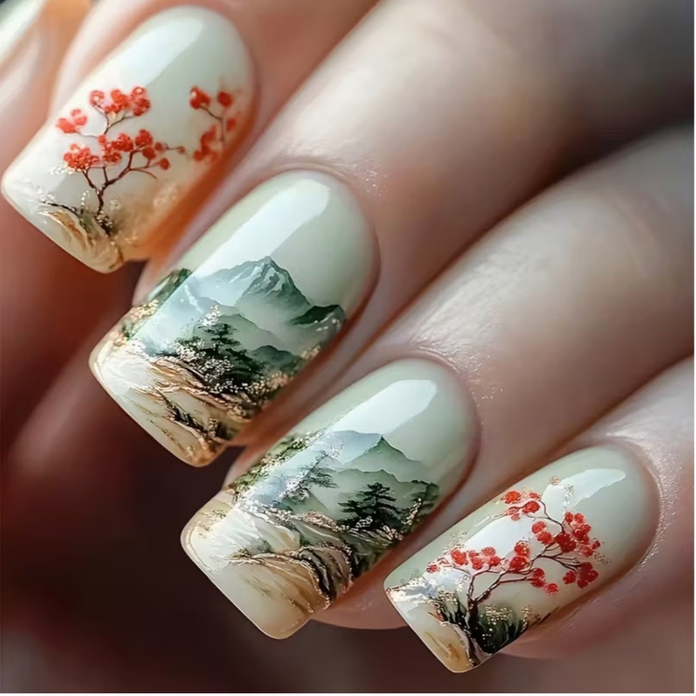 NWT Chinese Landscape Art Press-On Nails – Traditional Ink Painting Style